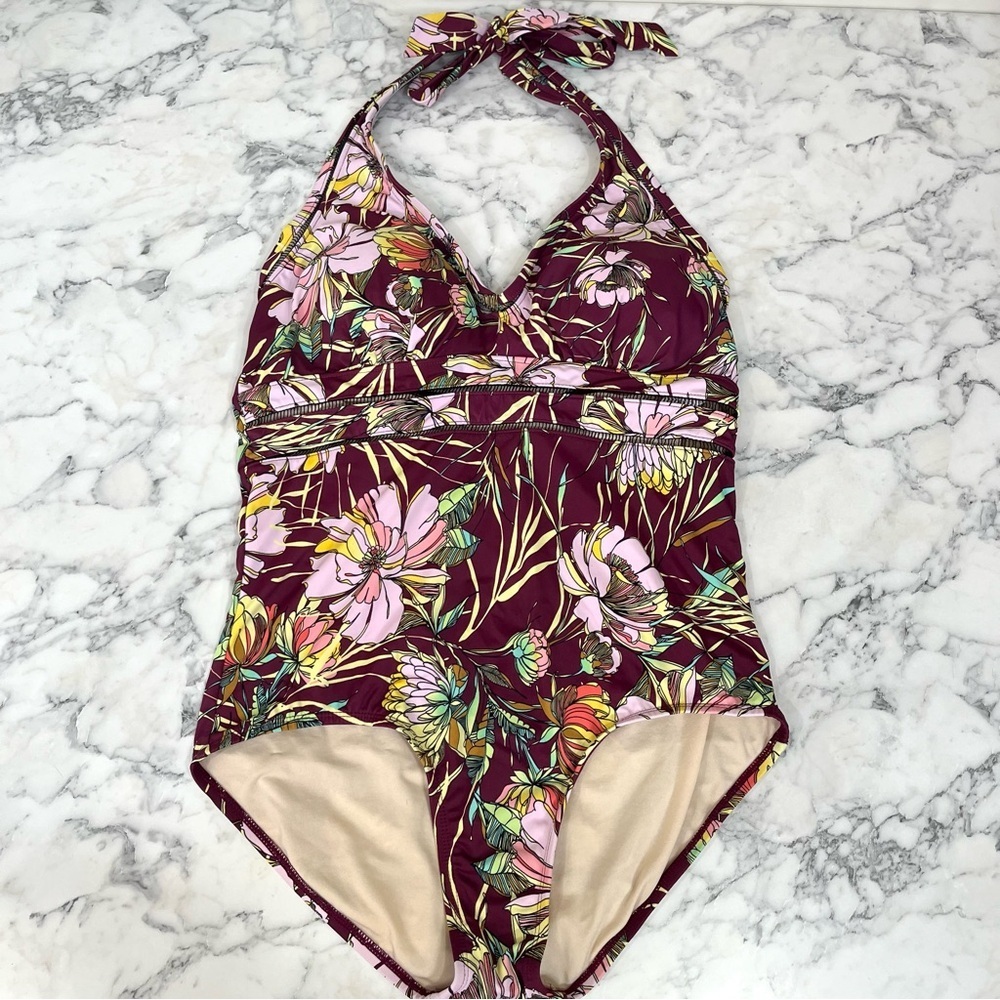 Swimsuits For All halter one-piece swimsuit in a plum pink floral print tropical